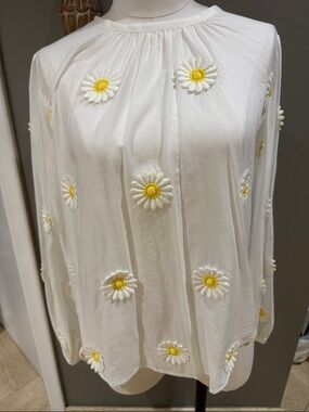Trina Turk White Daisy-Embroidered Blouse with Yellow Centers